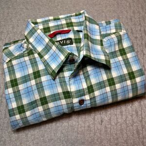 Orvis Men's Fair Isle Long Sleeve Button-Up Shirt Blue Green Size L Casual